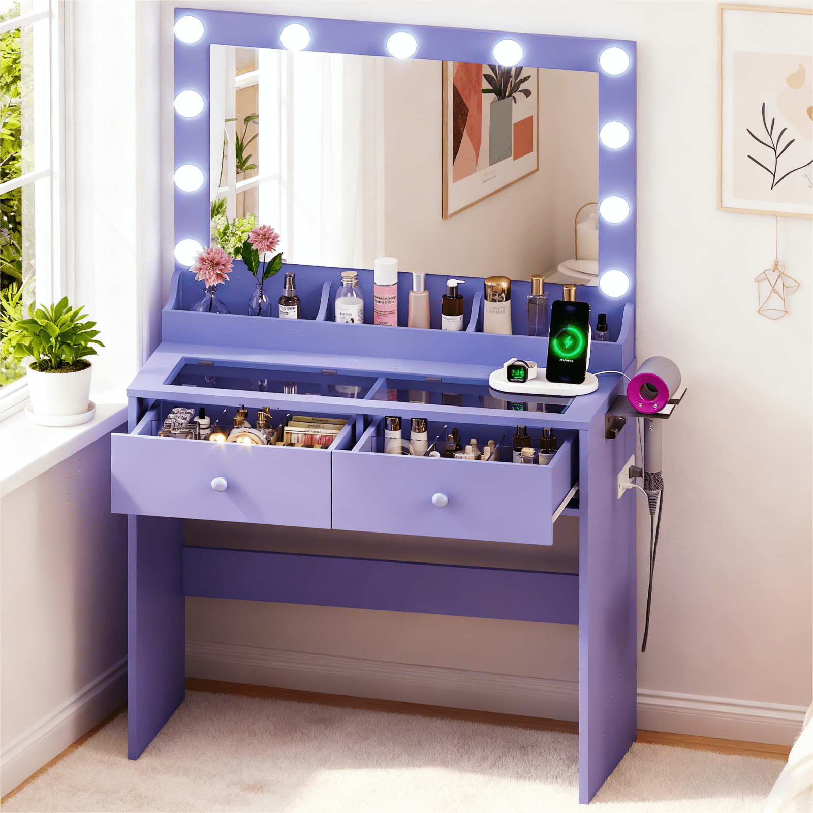 Zimtown Vanity with Mirror and Light, Makeup Desk  with Charging Station and Storage, Dressing Table with Hair Dryer Rack for Bedroom, Sophia Purple