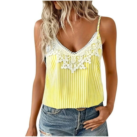 AherBiu Tank Tops for Women Striped Lace Crochet Deep V Neck Sleeveless Summer Dressy Casual Blouse