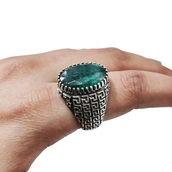 Emerald Corundum Mans Ring, Natural Emerald Corundum, May Birth Ring, Silver Jewelry, 925 Silver Ring, Gift, Heavy Mens Ring, Arabic Design, Ottoman Style Ring, Christmas, Turkey Mens Signet Ring
