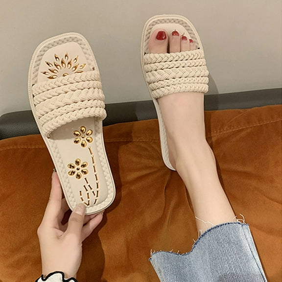 Kmdttou Shoes for Women Sandals New Square Toe Flat Bottom Shoes Summer Casual Sandals Slippers With Comfortable Plantar Fasciitis Arch Support(Size:36-41)