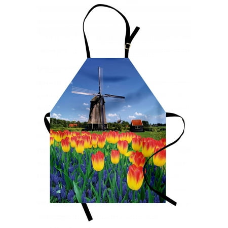 Countryside Classics Landscape Apron Tulip Blooms with Classic Dutch Windmill Netherlands Countryside Spring Picture, Unisex Kitchen Bib Apron with Adjustable Neck for Cooking Baking Gardening, Yellow Blue, by Ambesonne ()