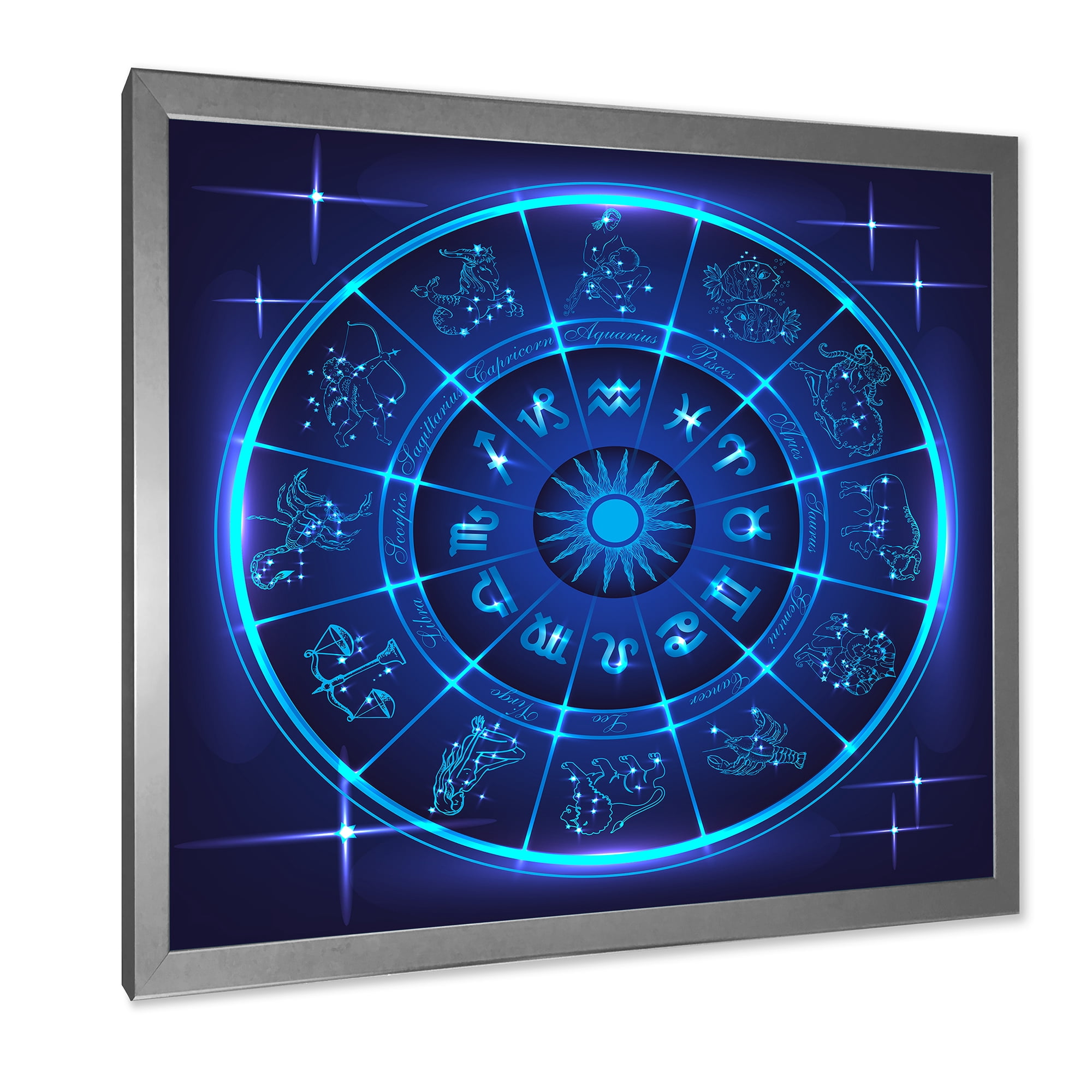 Designart 'Zodiac Signs With Neon Deep Blue Horoscope Circle' Modern Framed Art Print
