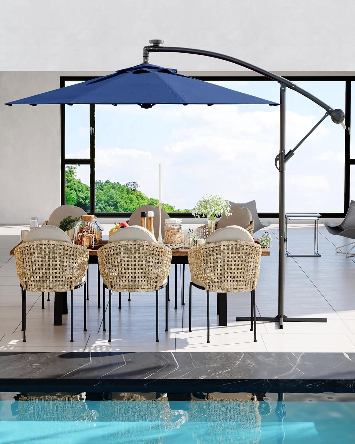 Memoryfield 10FT Cantilever Patio Umbrella with Cross Base, Outdoor Offset Market Umbrella with 360-degree Rotation and Infinite Tilt, for Backyard Lawn Garden and Pool, Navy Blue