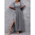 thumbnail image 5 of Grey V-Neck Butterfly Sleeve High Slit Maxi Dress With Belted Waist For Women, 5 of 7