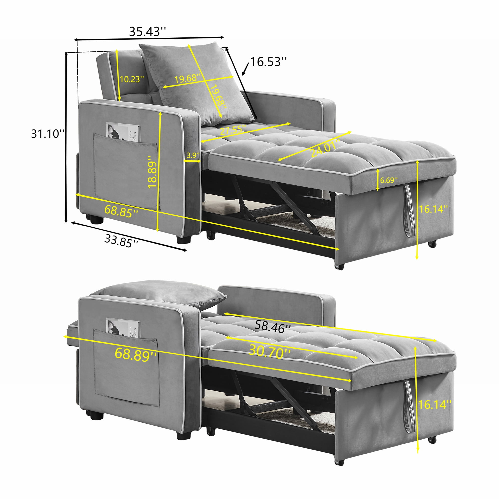 Aukfa Sleeper Chair Bed, Convertible Pull Out Sofa Bed for Living Room Apartment, Gray