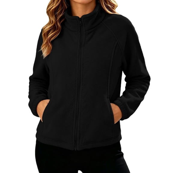 Huyun Womens Fleece Zip Up Jacket Lightweight Stand Collar Long Sleeve Athletic Running Jacket with Pockets Black,M