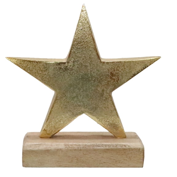 A&B Home Aluminum Star on Mango Wood Base - 6" x 2.5" x 6" - Gold, Brown
