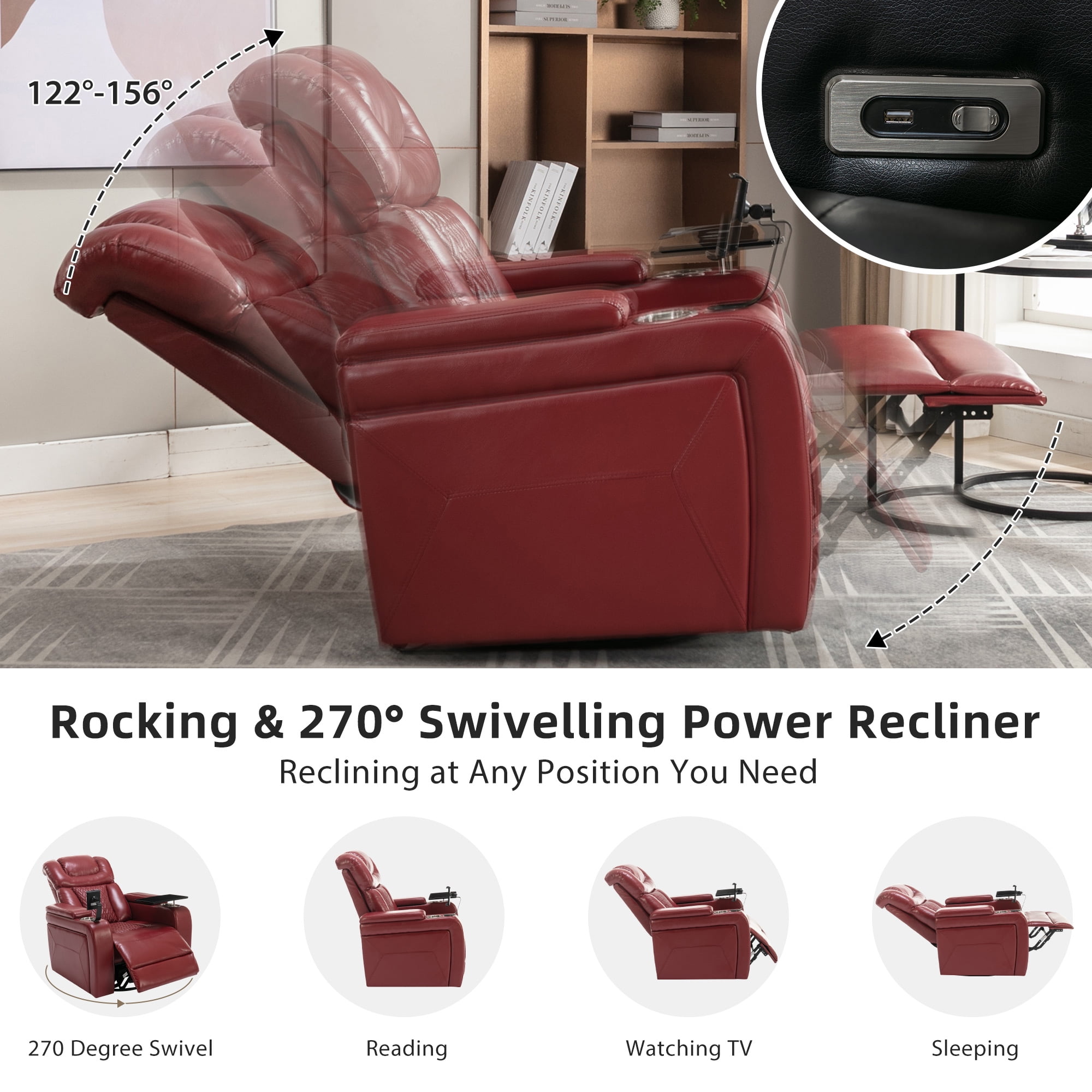 Euroco 270 Degree Swivel PU Leather Power Recliner Individual Seat Home Theater Recliner with Tray Table, Phone Holder, Cup Holder, USB Port, Hidden Arm Storage for Living Room, Red