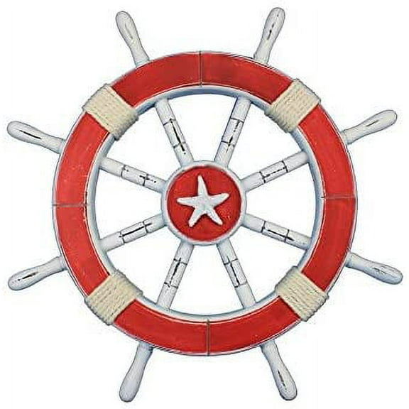 Wooden Ship Wheel (Antique White & Red Finish) - Starfish Motif - Yellow Rope - (42 Inches, Red)