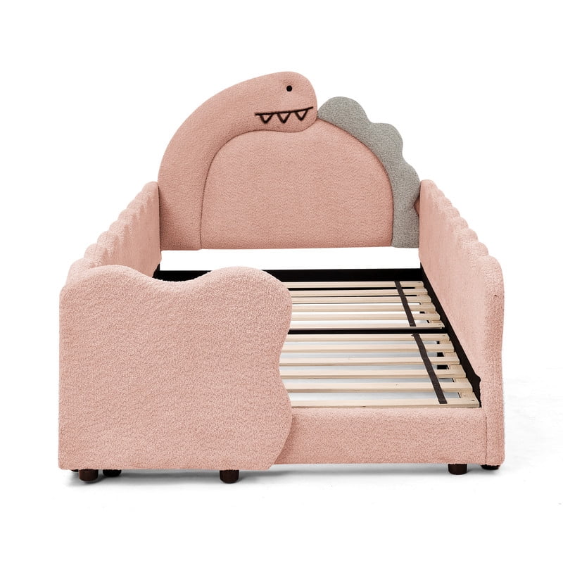 Twin Size Upholstered Platform Bed with Dinosaur Shaped Headboard, Boucle Fabric Kids Bed with Slats Support, Space-Saving Daybed for Girl, Boy, Teenager