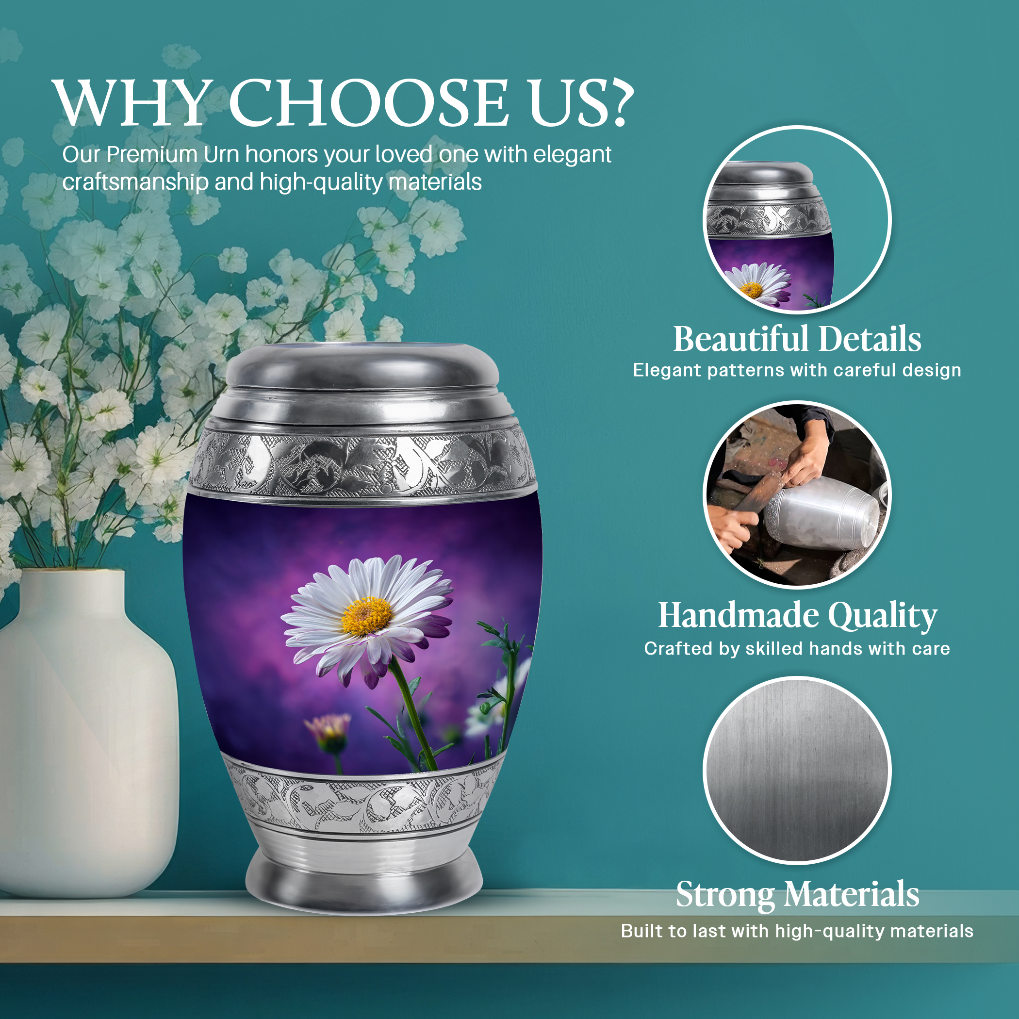 SABURIAL Daisy Urn - Funeral Urn Ashes - Unique Design - 10 Inch - Large With Velvet Bag - Urns For Adult Male & Female - Ashes Urns Human Remains - Decorative For Cremation