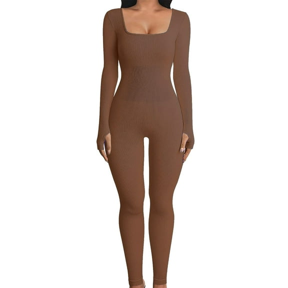 Manxivoo Jumpsuits for Women Women Fashion Yoga Jumpsuits Workout Ribbed Long Sleeve Sport Jumpsuits Bodysuits for Women Brown