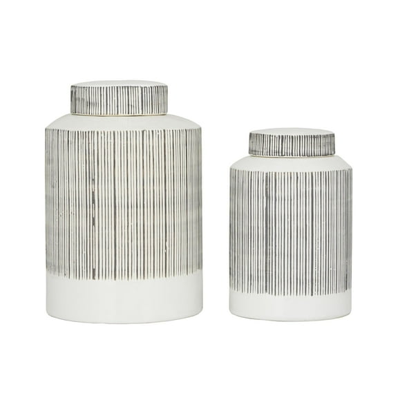 CosmoLiving by Cosmopolitan 13", 11"H White Ceramic Striped Decorative Jars, 2-Pieces
