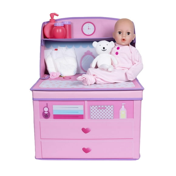 ADORA Realistic Perfectly Pink Baby Doll Set with Changing Table and 10-Piece Accessories, Includes Storage Box, Diapers, and Pacifier, Gift for Ages 3 and Up