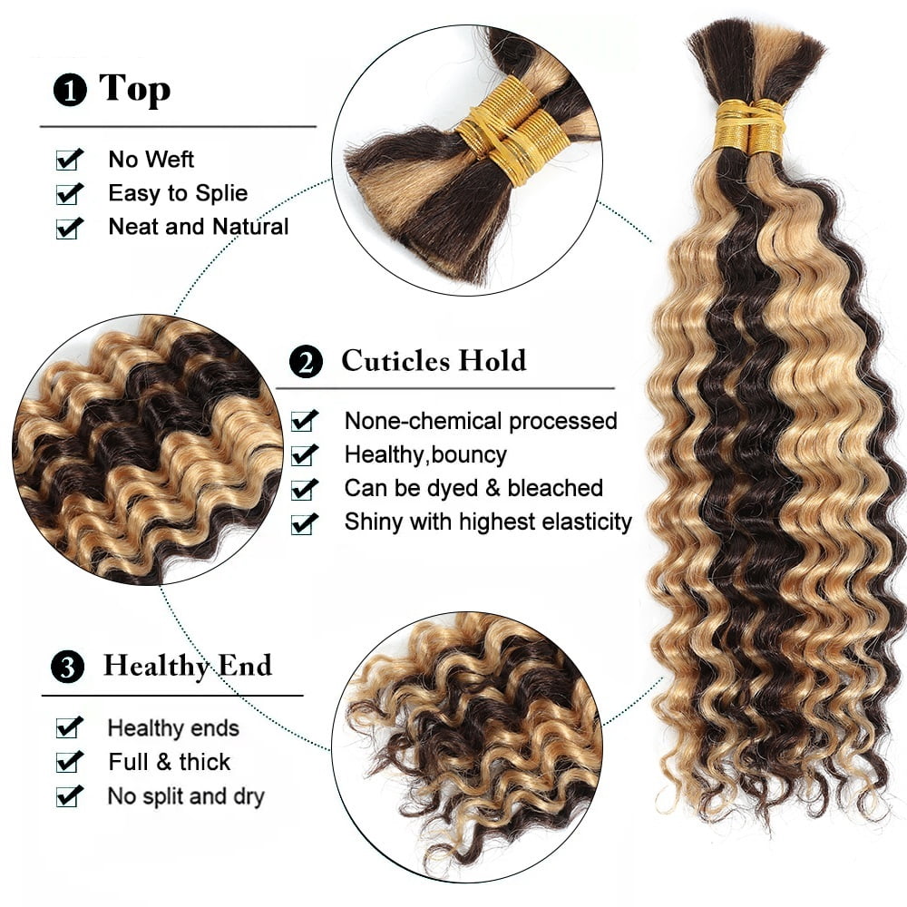 P4/27 Color 1 Bundle Deep Wave Human Braiding Hair Curly Bulk Hair for Micro Braids Crochet No Weft 100g