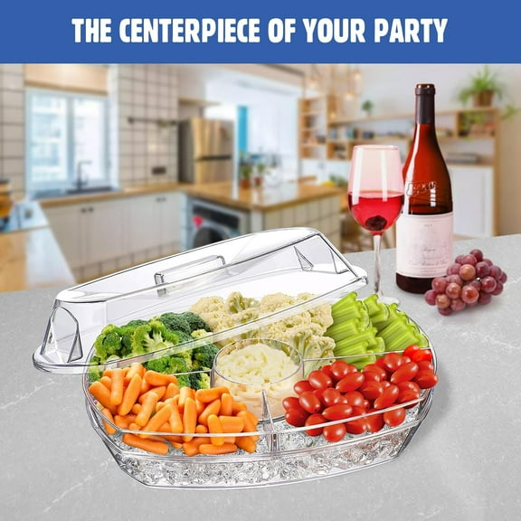 15 Inch  Chilled Veggie Tray with 4 Compartments, Ice Serving Bowl with Lid for Party, Fruit, Vegetable, Appetizer