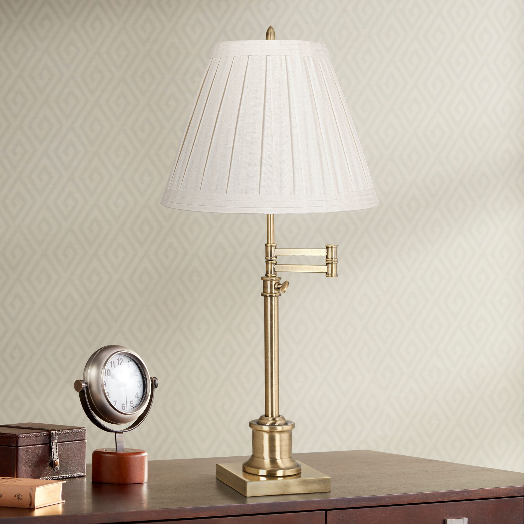 Springcrest Creme Linen Medium Box Pleat Lamp Shade 7" Top x 14" Bottom x 11" High (Spider) Replacement with Harp and Finial