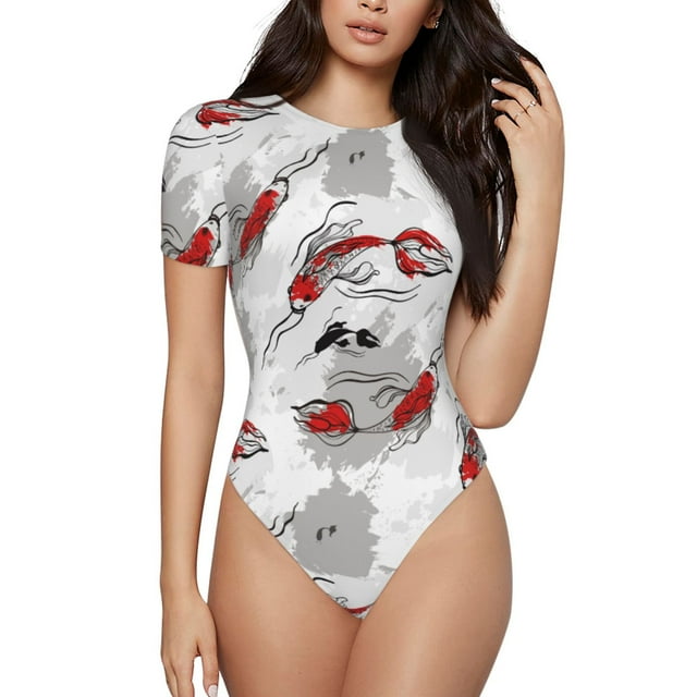 Bingfone Motif Poisson Koi Justaucorps à Col Rond pour Femmes, Bouton Pression Serré Manches Courtes, Adapté pour Fête, Sport, Usage Quotidien-TG