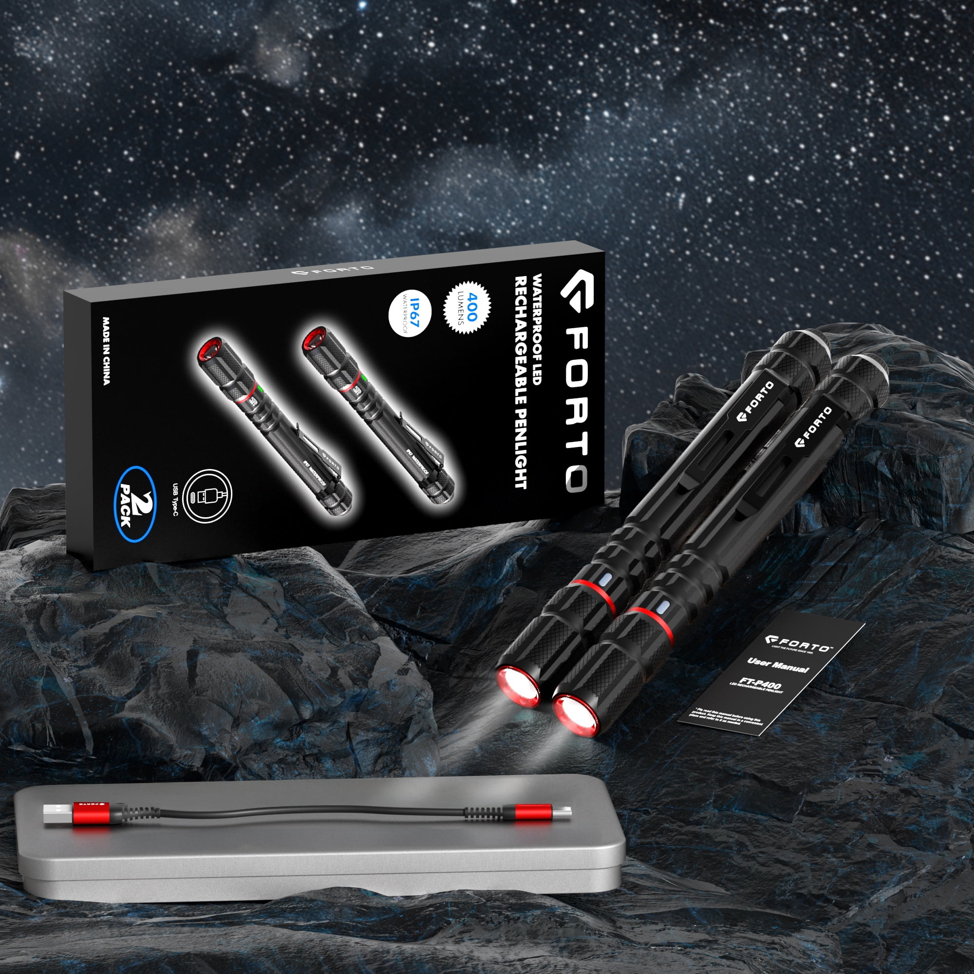 FORTO 400LM Rechargeable Pen Light, 70m Beam, Pocket Flashlight with Clip, IP67 Waterproof, 2 Pack