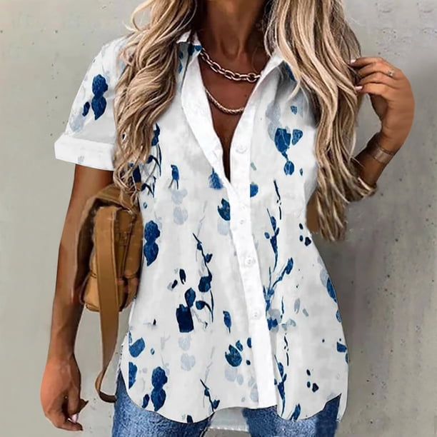ICHUANYI Clearance Fashion Woman Causal Printing Blouse Short SleeveT-Shirt Summer Button Tops(Dark Blue, XXL) ICHUANYI WER2023080909498