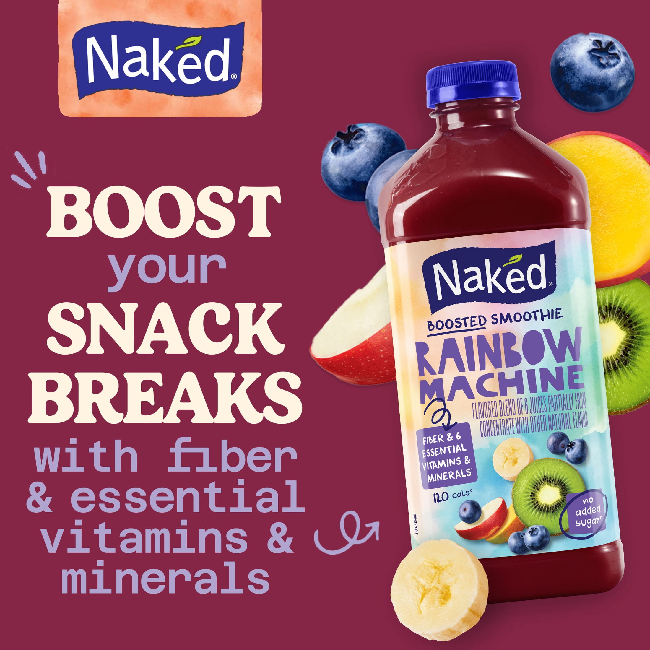 (3 pack) Naked No Sugar Added, Non GMO Rainbow Machine Fruit Juice, 46 Fl Oz, Bottle