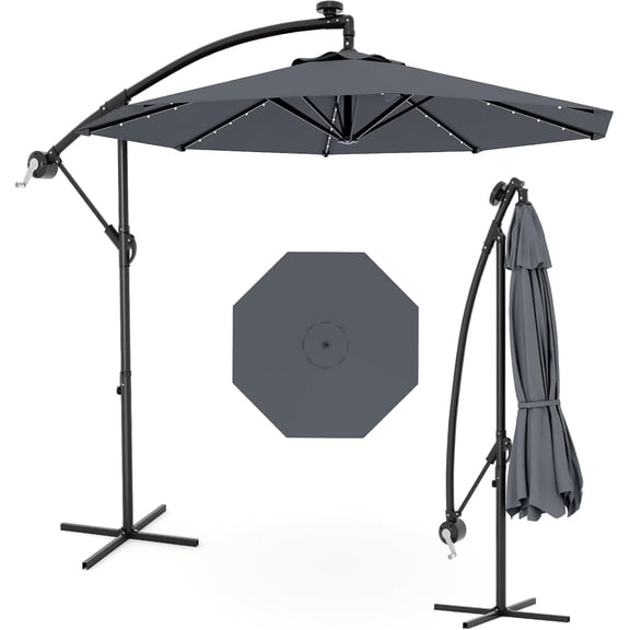 10FT Offset Patio Umbrella with Solar Lights, 32 LED Lights Patio Umbrella with Infinite Tilt and Cross Base for 2-6 People, Fade Resistant Canopy for Deck Pool Garden Backyard, Grey
