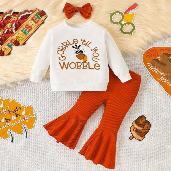 Wuxian Toddler Fall Outfit Thanksgiving Sweatshirt Set Long Sleeve Fuuny Letter Print Crewneck Pullover Shirt Knitted Flared Pants Bow Headband Three Piece Girls Cute Clothing Set,White,18-24 Months