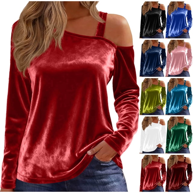 RKSTN Velvet Long Sleeve Shirts for Women Oversized Off Shoulder Single Strap T Shirts Top Womens Casual Solid Plus Size Loose Fits Comfy Elegant Basic Tee Shirt Fall Spring Clothes