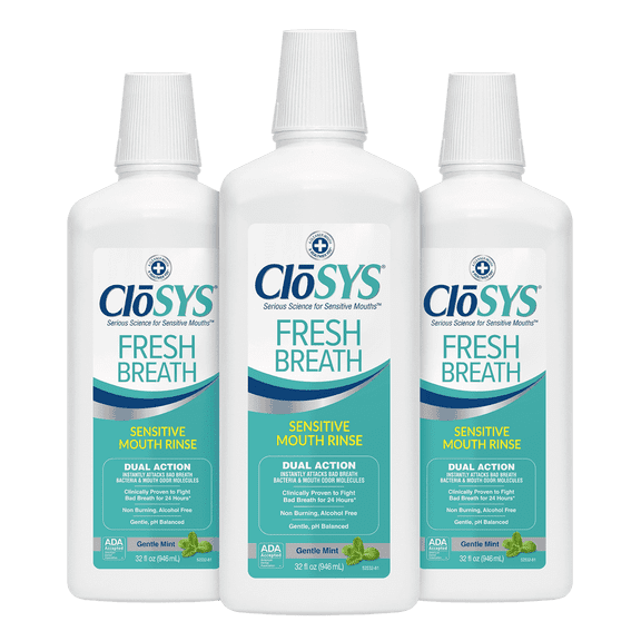 CloSYS Fresh Breath Sensitive Mouthwash, Gentle Mint, Alcohol Free, Dye Free, pH Balanced, Helps Soothe Entire Mouth, Fights Bad Breath - 32 Oz (Pack of 3)