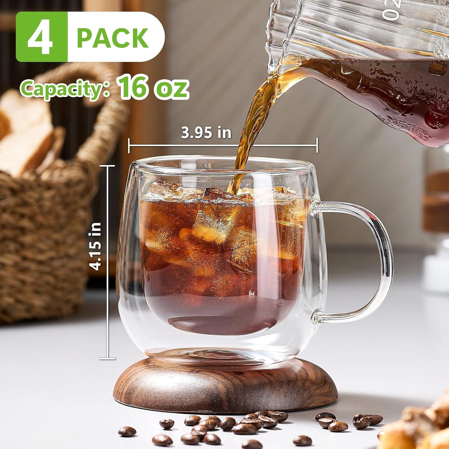 4 Pack Double Walled Glass Coffee Mugs, 16 oz Large Insulated Clear Coffee Cups with Handle, Cappuccino Mug for Espresso, Latte, Americano, Tea Bag, Beverage, Heat & Cold Resistant