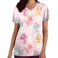 thumbnail image 2 of Uniformes quirúrgicos para mujer, estampado de dibujos animados de dinosaurios, camisetas de enfermería para el cuidado de la salud, cuello en V, microelástico, manga corta, uniforme clínico para muje, 2 of 4