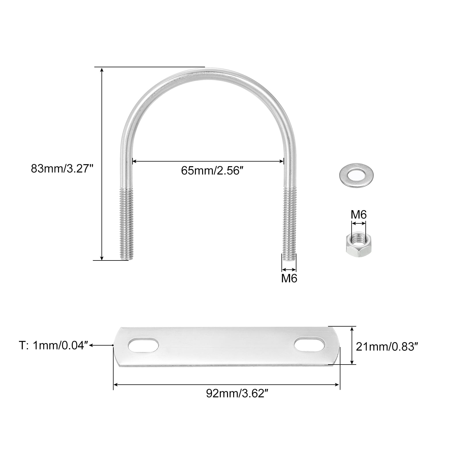 Round U-Bolts, 6 Sets 63mm(2.48") Inner Width 83mm Length M6 304 Stainless Steel U Clamp Bolt with Nuts and Plates