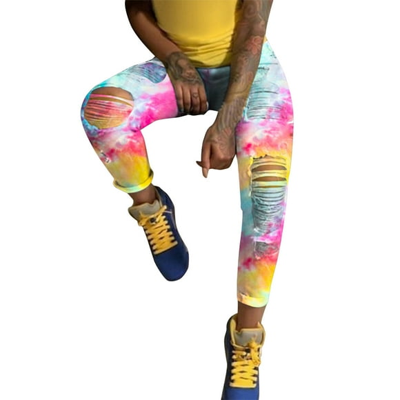 Aayomet Women's Jeans Light Color Dye Printing Two Color Tie Dye Denim Pants (Pink, XXL)