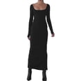 thumbnail image 3 of Women Autumn Long Evening Dress Black Long Sleeve Square Neck Open Back Party Dress, 3 of 6