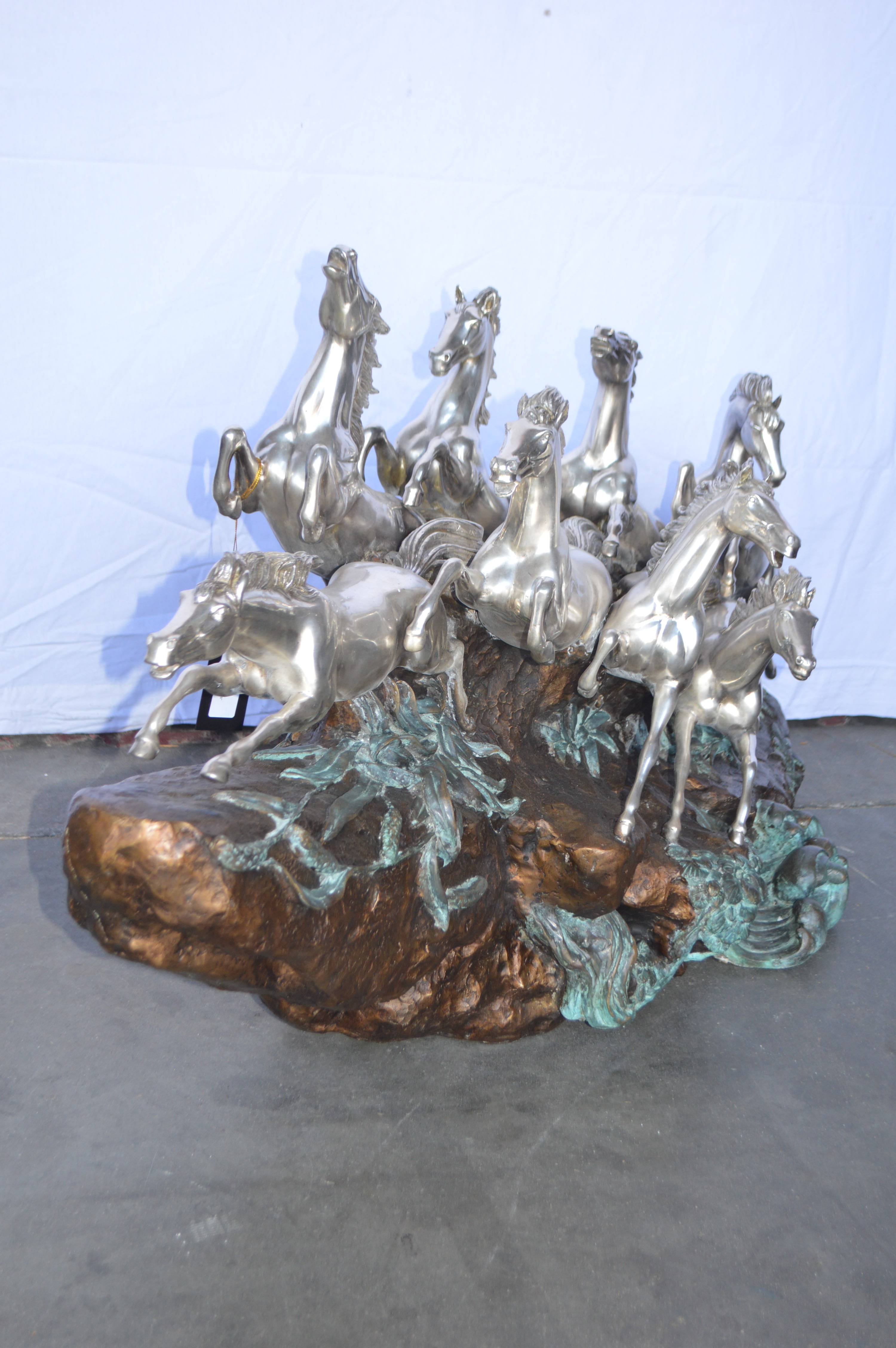 Nifao Eight Horses Running Bronze Statue Silver Finish – Garden Outdoor Decor Sculpture, 59"L x 20"W x 28"H