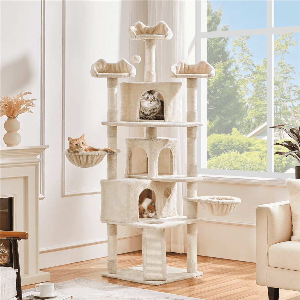 Alden Design 76.5" H Large Cat Tree Tower with 3 Condos Cozy Perches Dangling Ball, Beige