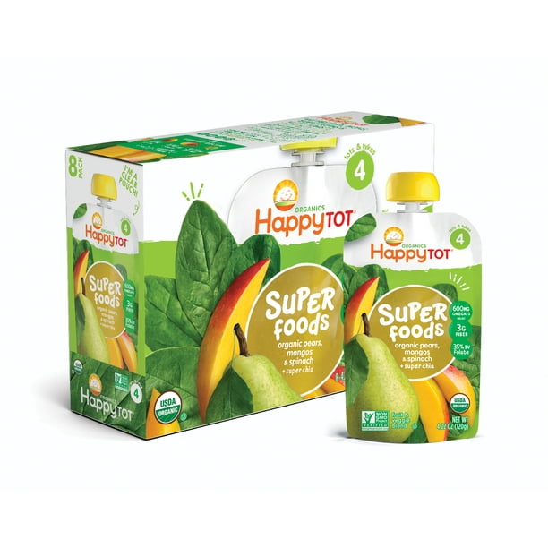 (8 Pack) Happy Tot Super Foods Pouches Organics Pears, Mangos & Spinach