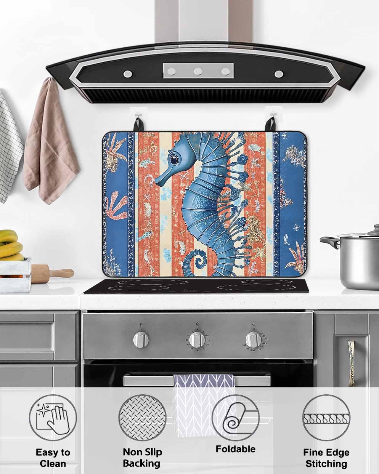 nqOlkjepod Large Induction Cooktop Protector Mat 24"x21", Blue Seahorse Stove Top Covers for Electric Stove, Summer Ocean Orange Coral Striped Stove Burner Cover Mats, Glass Top Stove Cover