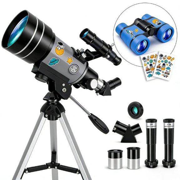 70mm Aperture Refractor Telescope for Adults & Kids, 300mm Beginner Astronomy Telescope with Tripod, Phone Adapter & Mini Binoculars
