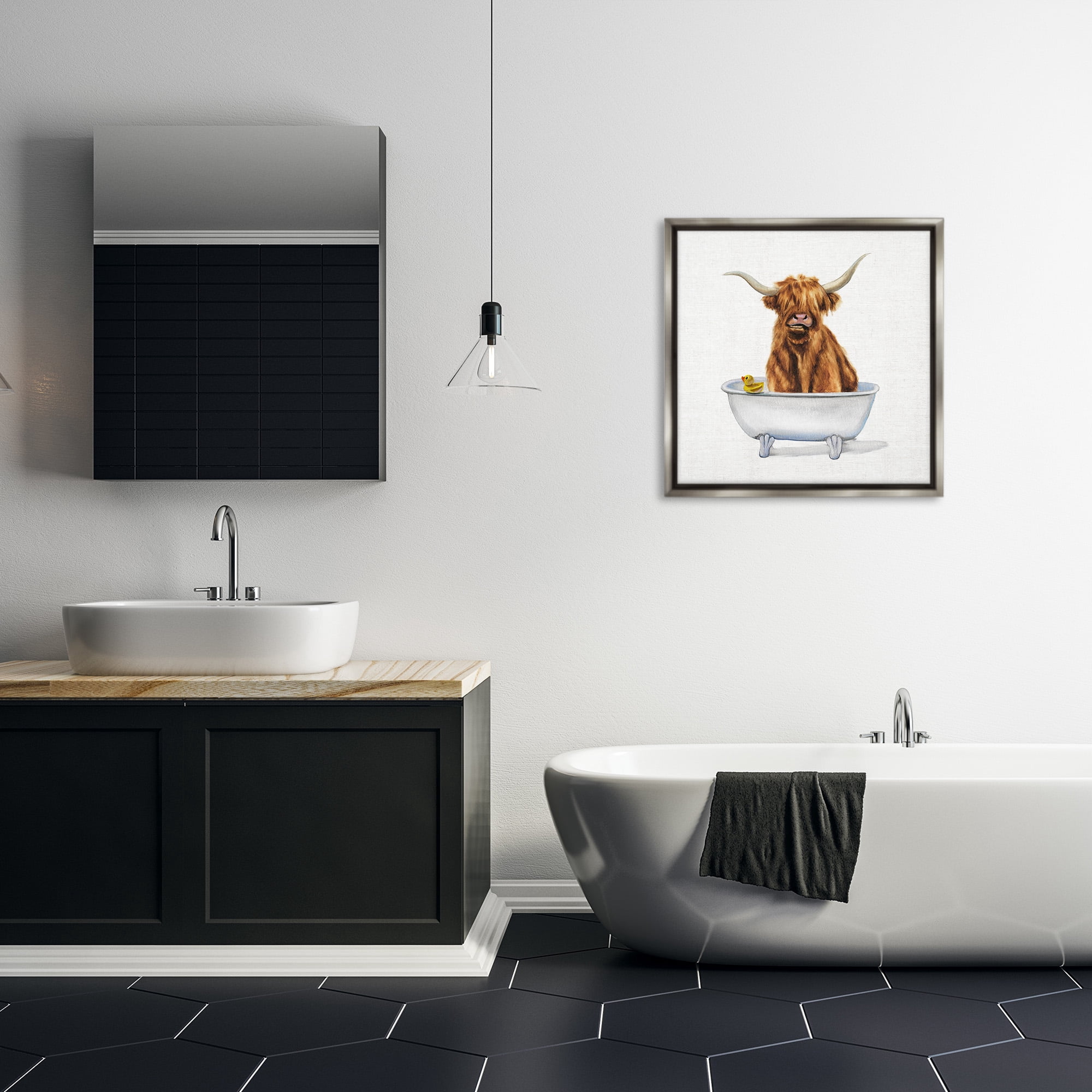 Stupell Industries Shaggy Country Cattle in Tub Animals & Insects Painting Gray Floater Framed Canvas Art Print Wall Art, 25 x 25