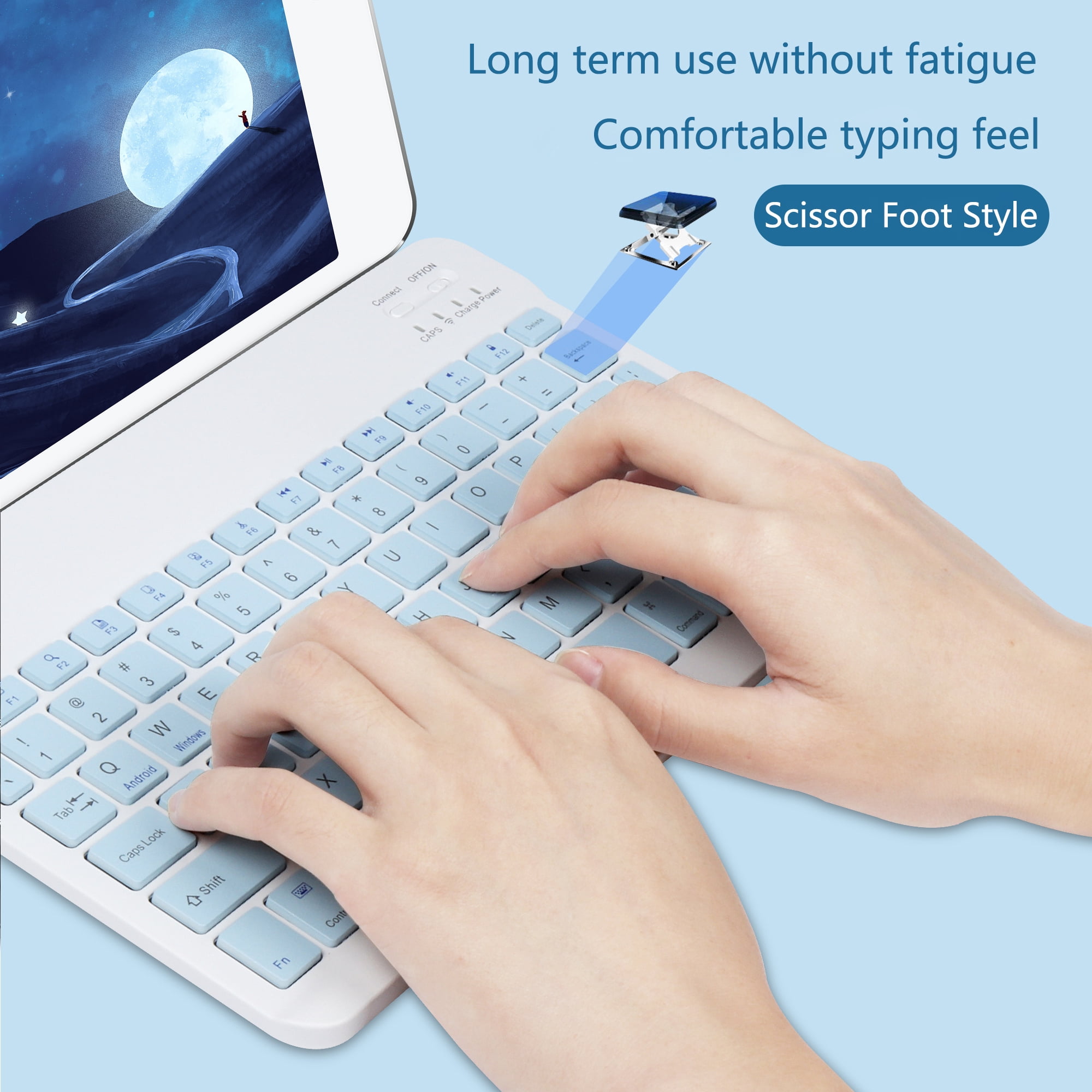 PloutoRich 10 inch Wireless Keyboard and Mouse Combos Mini Ultra-Slim 78 Keys Tablet Keyboard Portable Rechargeable Bluetooth Keyboard for Mac Windows, Blue