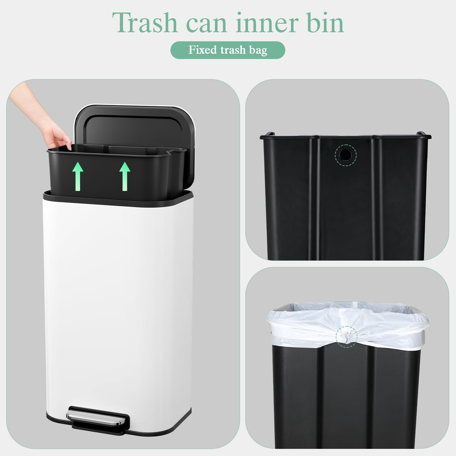 TLSUNNY 13.2 Gallon Kitchen Stainless Steel Trash Can, Square Step Pedal Brushed Garbage Bin w/ Removable Inner Bucket & Handle, for Bathroom