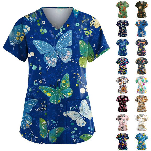 Womens Scrubs V-Neck Patchwork Printed Scrub Top Short Sleeve Nurse Shirts Plus Size Work Tops with Pockets Blue S