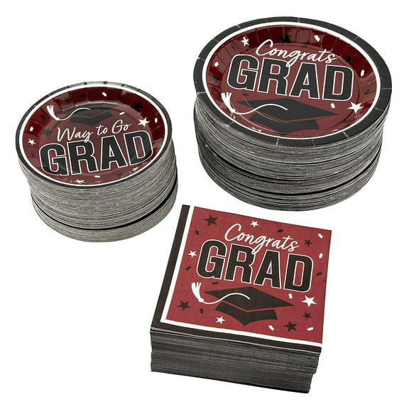 Fun Express Bulk 300 Pieces Burgundy Congrats Grad Graduation Party Disposable Tableware Kit for 100 Guests