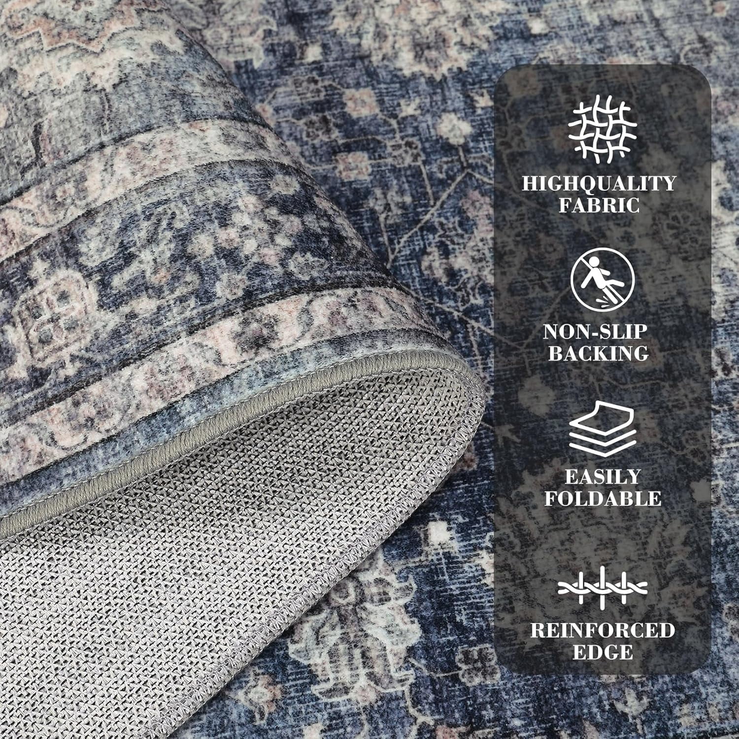 Area Rugs 4x6 Vintage Printed Floor Carpet with Non-Slip Backing, Stain-Resistant Oriental Throw Rugs, Washable Farmhouse Low Pile Rugs for Living Room, Bedroom, Office, Blue