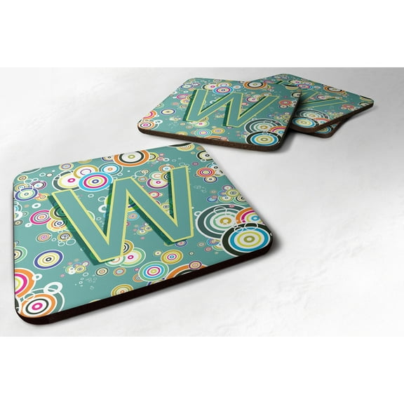 Letter W Circle Circle Teal Initial Alphabet Foam Coaster Set of 4
