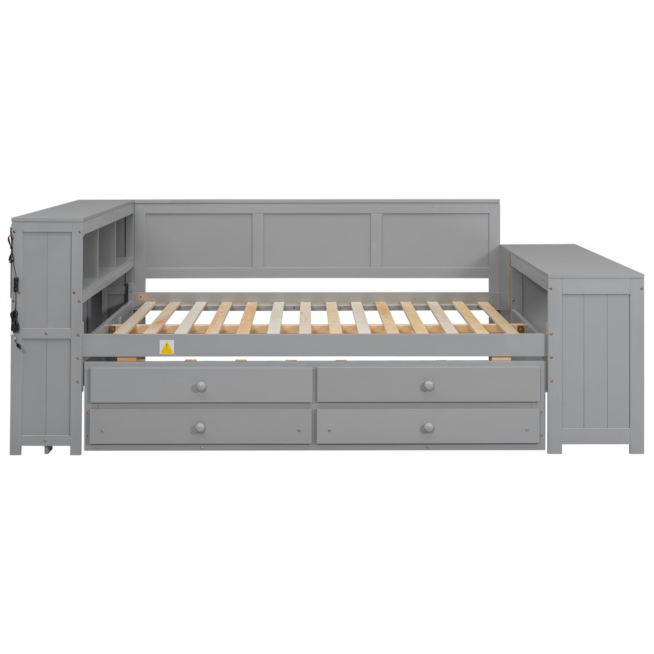 Noble House Maud Full Daybed with Trundle, Storage Shelves, Drawers, Charging Station, LED Light, Built-in Desk, Gray