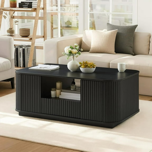 46.5" Coffee Table with Storage, Fluted Modern Coffee Table with Door & Drawer, Mid Century Large Center Table for Living Room, Office, Apartment, Black