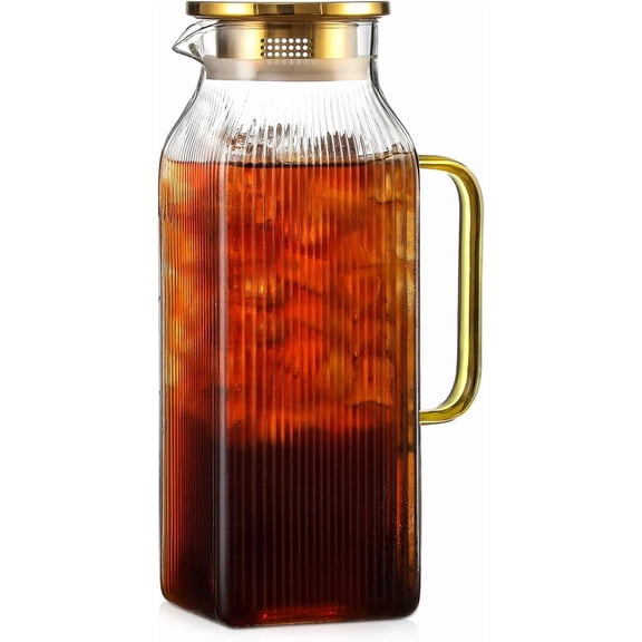 2 Liter/68 oz Square Glass Pitcher with Lid, Classic Stripes Water Pitchers with Handle for Fridge, Large Borosilicate Glass Carafe for Iced Tea, Coffee, Hot/Cold Brew Drink, Gold