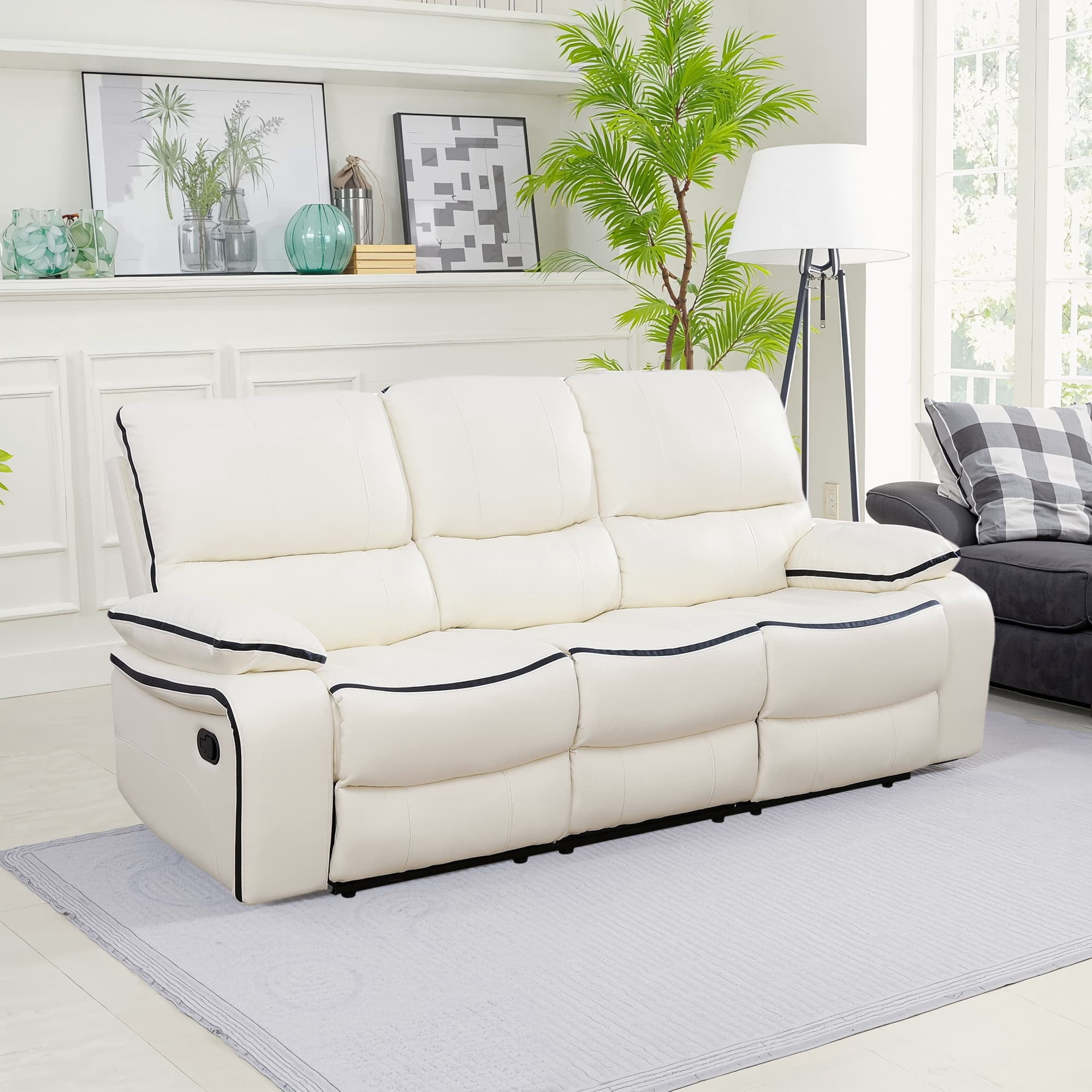 MAYEERTY Power Reclining Sofa, Electric 3-Seat Breathable Leather Recliner with Reversible Coffee Table for Living Room, White